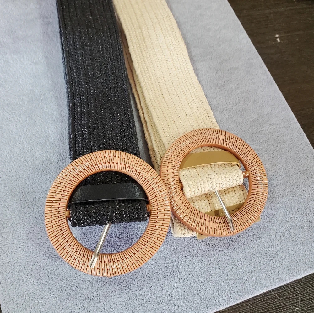 2Pcs Buckle Braided Straw Belts